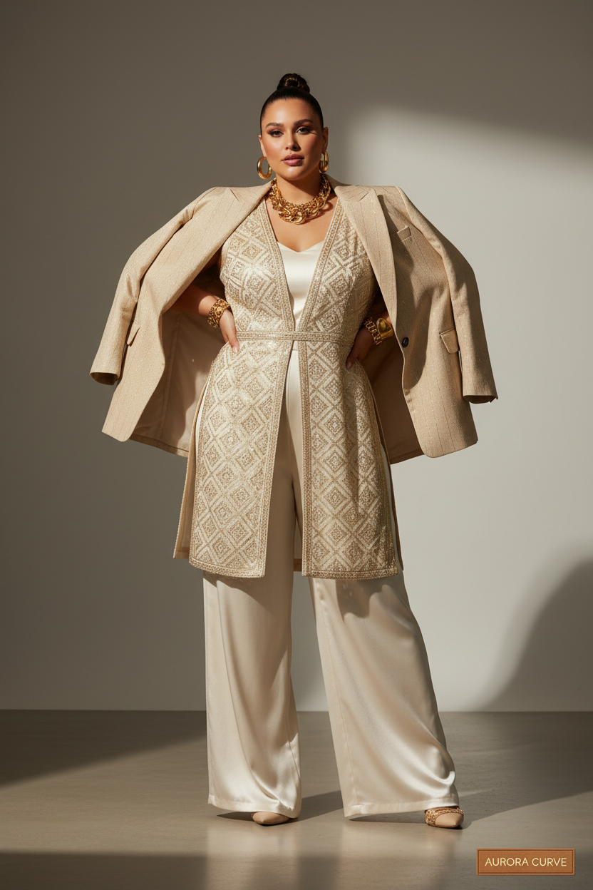 Powerful plus size woman in cream gold beige